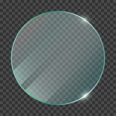 Realistic glass circle plate isolated on transparent background. Clear glossy acrylic plate. Banner plexiglass with reflections. Transparent glass window in round frame. 3d vector illustration