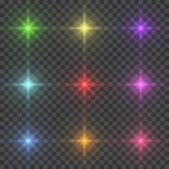 Set of starburst lighting isolated on transparent background. Glow colorful light effects. Glowing light burst explosion. Bright star illuminated. Flare effect with ray sparkles. Vector illustration
