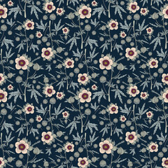 Seamless botanical dark pattern with hibiscus flowers

