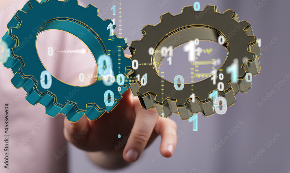 Aufkleber Cogs and gear wheel mechanisms. Hi-tech digital technology and engineering. Abstract technical background..