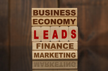 Wooden blocks with the text - Business, Economy, Finance, Marketing and LEADS