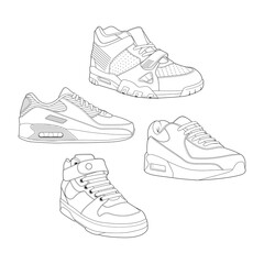 set of 4 outline Cool Sneakers. Shoes sneaker outline drawing vector, Sneakers drawn in a sketch style, sneaker trainers template outline, Set Collection. vector Illustration.