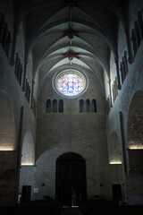 Fototapeta premium Girona Cathedral, also known as the Cathedral of Saint Mary of Girona, aerial view of Girona city in summer day with blue sky, Girona landmarks, Catalonia, Spain
