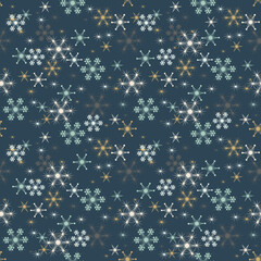 Simple Christmas background with geometric motifs. Multi-colored snowflakes in gold and pastel colors with different ornaments. Collection of retro textiles on blue background for winter decor, print