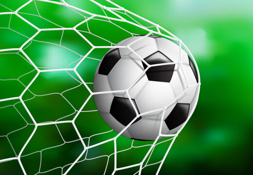 Realistic Soccer football ball in the goal net on the green grass background, vector illustration