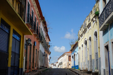 streetview of historic colonial buildings in Sao Luis downtown, Maranhao, Brazil
