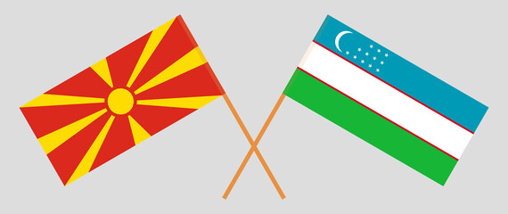 Crossed flags of North Macedonia and Uzbekistan. Official colors. Correct proportion