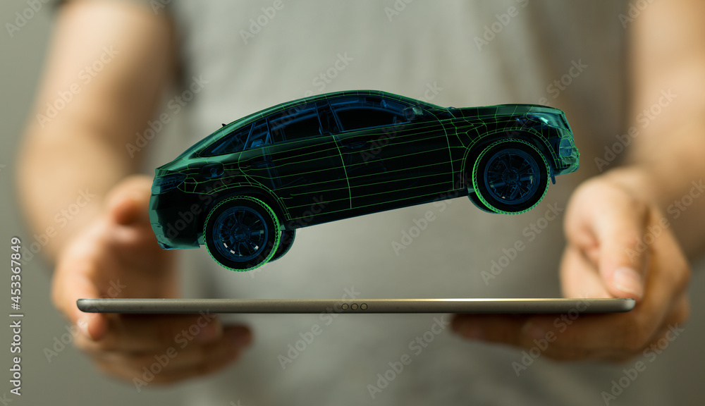 Poster autonomous car with hud graphic of navigation system driving