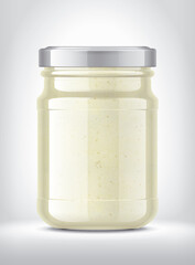 Glass Jar with Sauce on Background. 