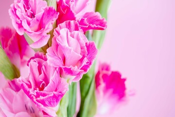 Pink magenta gladiolus flowers on a pale pink background