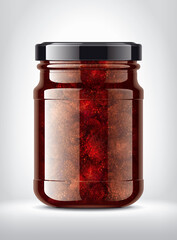 Glass Jar with Strawberry Jam on Background. 