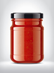 Glass Jar with Tomato Sauce on Background. 