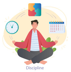 Mindful male character is sitting in lotus position showing his discipline on white background. People trying to embody their best qualities doing their job. Flat cartoon vector illustration