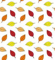Obraz premium Vector seamless pattern of different color hand drawn doodle sketch autumn leaf isolated on white background