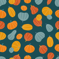 Seamless pattern with hand drawn stylized pumpkins on dark green background. Doodle vegetables for Halloween and Thanksgiving day. Autumn vector illustration.