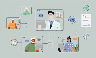 Male doctor is having patient visits via online meeting on grey background. Patients connecting online with their doctor for medical advice and prescriptions. Flat cartoon vector illustration