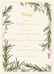 Menu with watercolor illustration of rosemary and golden frame. Vintage floral illustration - 453369430