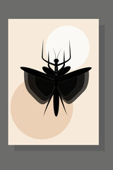 black and white flower poster with painted insect mantis abstract