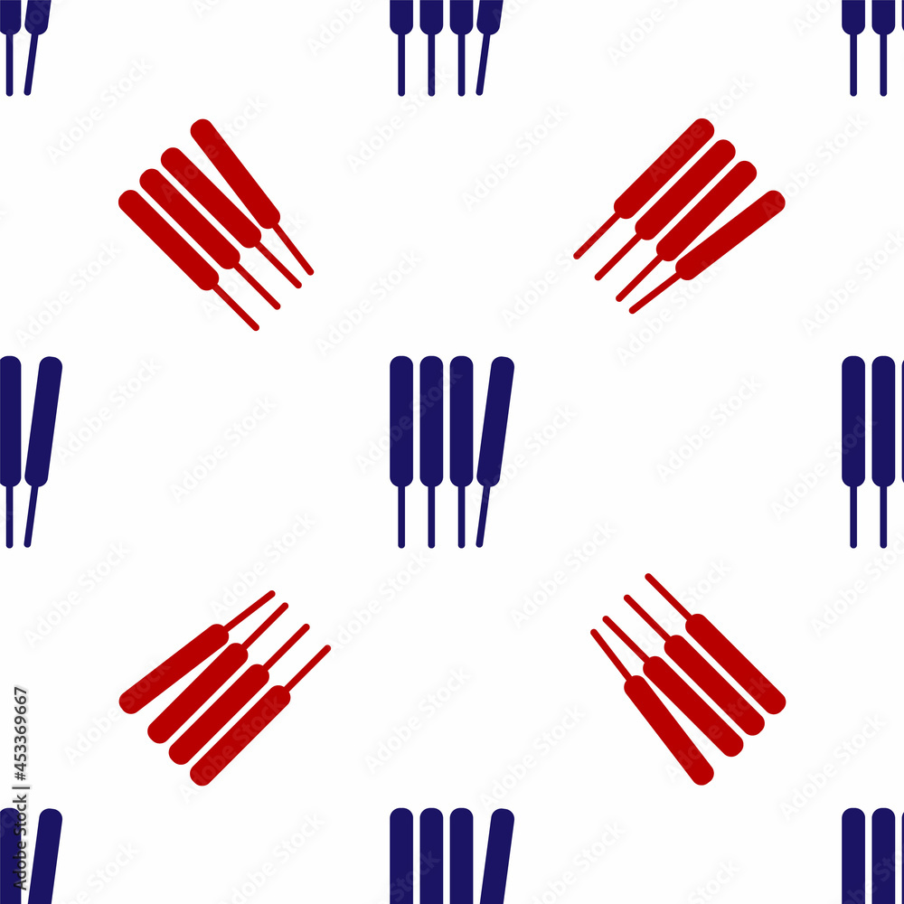 Sticker blue and red aroma sticks, incense, aromas icon isolated seamless pattern on white background. vecto