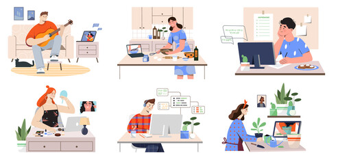 Set with male and female characters learning new skills via online lesson on white background. Online courses to study makeup, playing guitar, style, UX and UI. Flat cartoon vector illustration