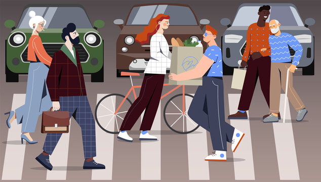 Crowd Of People Is Crossing Road At Busy Crosswalk In A Big City. Diverse Pedestrians And Cyclists Walking The Street On Zebra At Green Traffic Light Signal. Flat Cartoon Vecor Illustration