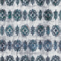 Seamless grungy tribal ethnic rug motif pattern. High quality illustration. Distressed old looking native style design in faded turquoise and gray colors. Old artisan textile seamless pattern.