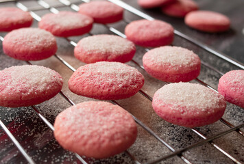 Masitas o galletas dulces realizadas con frutos rojos y azúcar. Concepto de comida para merendar hecha en casa. 