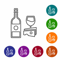 Black line Wine bottle with glass and cheese icon isolated on white background. Romantic dinner. Set icons in color circle buttons. Vector