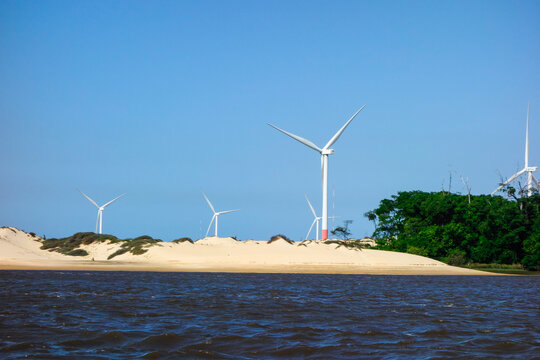 Pequenos Lencois, on Barreirinhas, Maranhao, Brazil. dunes and windmills on background