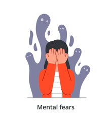 Scared young female character having mental fears is covering her face from monster behind on white background. People struggling with psychological disorder. Flat cartoon vector illustration