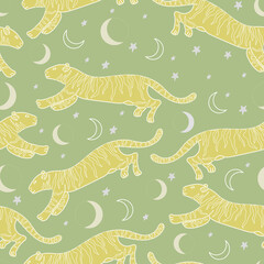 Vector seamless design of tiger contours with elements of the moon, month and stars. Wildlife. Colorful pattern. Design for fabric, packaging, posters, textiles, wallpaper, posters, prints.
