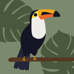 Cute toucan sits on a branch on a green background. Vector illustration.