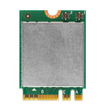 Green modern fast WLAN bluetooth M2 PCIE module chip card for notebook laptop computer isolated white background. pc hardware technology concept.