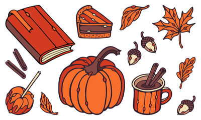 Autumn vector set. Fall collection objects: pumpkin, piece of pie, leaves, mug, cinnamon,  acorns, book, apple with caramel. Doodle style for design textile, paper, background