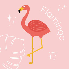 Cute pink flamingo with palm leaf on the background. Vector flat illustration.