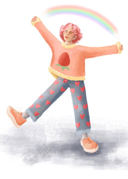 Raster illustration Child in pajamas with strawberries is having fun and holding a rainbow over his head. Cartoon character. Teenage girl with pink hair