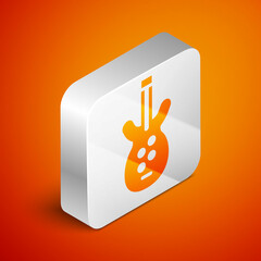 Isometric Electric bass guitar icon isolated on orange background. Silver square button. Vector