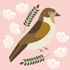 A cute sparrow surrounded by flowers on a pink background. Flora and fauna in nature. Vector illustration of vintage.
