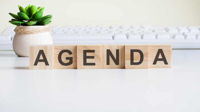 agenda word made with building blocks isolated on white