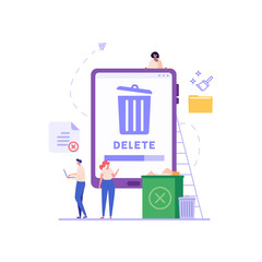 People cleaning phone, smartphone with trash can sign. User removing files or documents to waste bin. Concept of delete file, cleaning smartphone, removing process. Flat vector illustration for UI