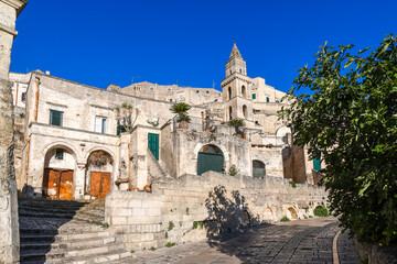 The bell tower of the Chiesa di San Pietro Barisano, or Church of Saint Peter, in the sassi...