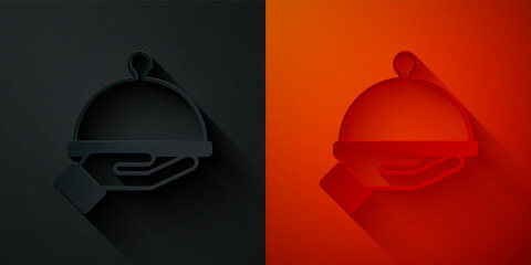 Paper cut Covered with a tray of food icon isolated on black and red background. Tray and lid sign. Restaurant cloche with lid. Paper art style. Vector