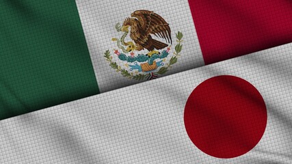 Mexico and Japan Flags Together, Wavy Fabric, Breaking News, Political Diplomacy Crisis Concept, 3D Illustration