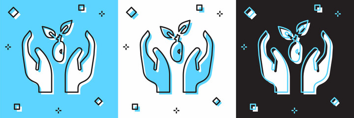 Set Plant in hand of environmental protection icon isolated on blue and white, black background. Seed and seedling. Planting sapling. Ecology concept. Vector