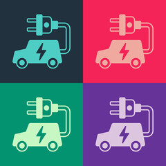 Pop art Electric car and electrical cable plug charging icon isolated on color background. Renewable eco technologies. Vector