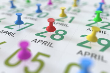 April 28 date and push pin on a calendar, 3D rendering