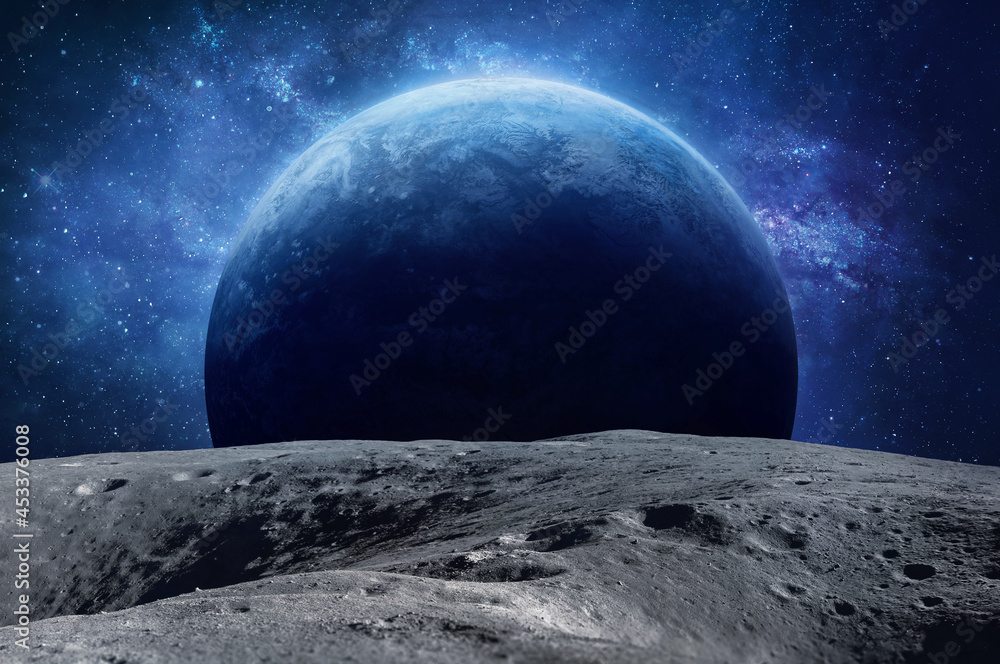 Aufkleber Moon surface and planet in outer space. Satellite of Earth. Apollo. Asteroid with craters. Artemis space program. Elements of this image furnished by NASA