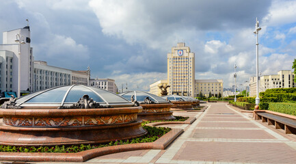 Independence Square in Minsk. Belarus. The central square of the city of Minsk in the spring