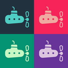 Pop art Submarine icon isolated on color background. Military ship. Vector