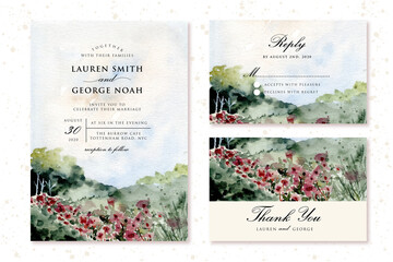 wedding invitation set with flower meadow watercolor landscape
